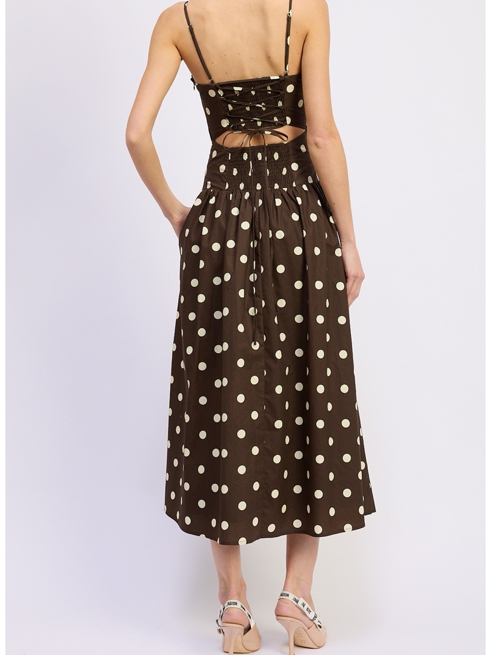 En Saison Strapless Brown Dress with Cream Polka Dots - Picture 2 of 3